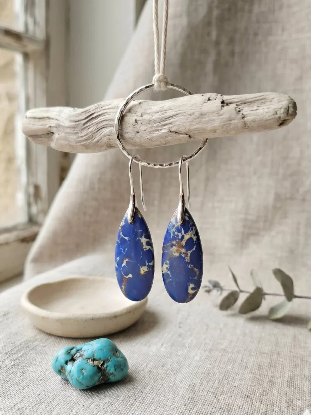 Silver Plated Blue Imperial Jasper Gold Matrix Boho Witchy Drop Earrings 2in